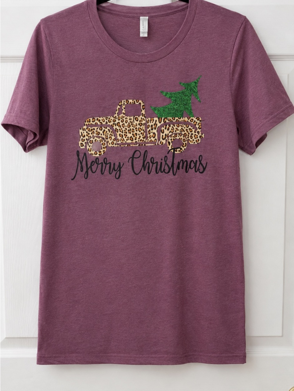 Bella Canvas Plum Short-Sleeve Tee with Leopard Truck and Green Tree